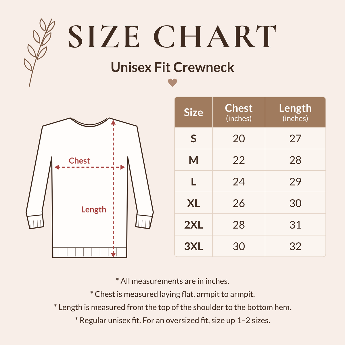 Crewneck size chart: chest and length in inches for sizes S through 3XL